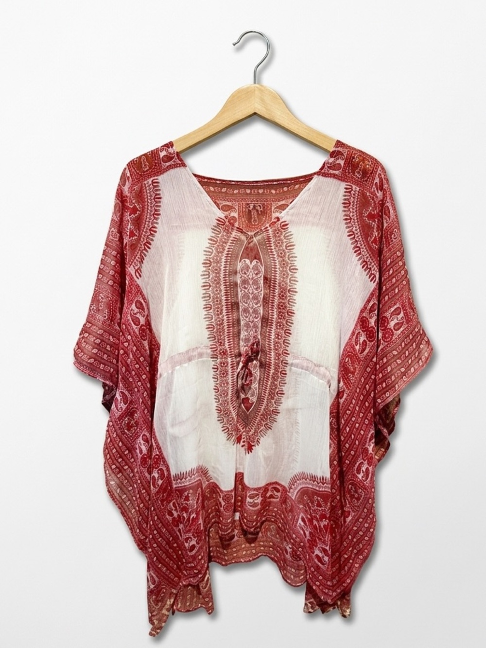 Rima Beach World Boho Red Bandana Paisley Print Semi Sheer Flowy Kaftan Summer